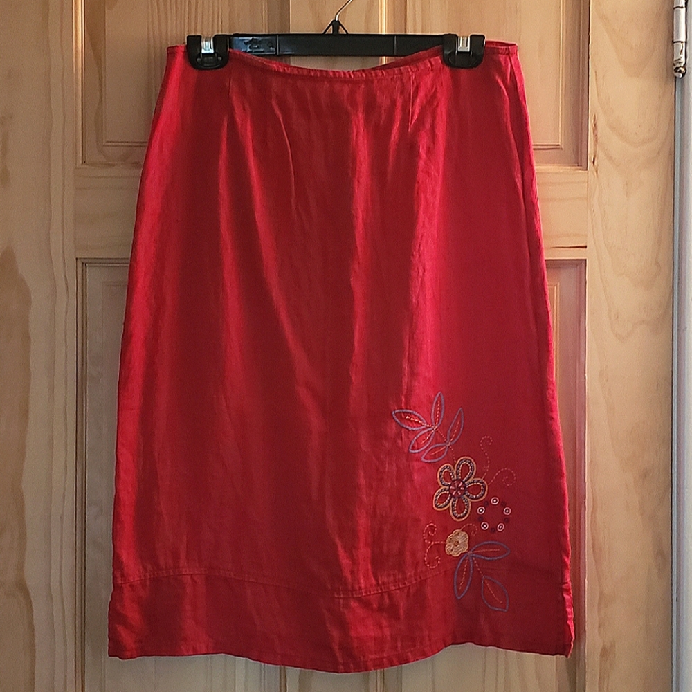 Vintage Ivy Linen Embroidered Skirt Flowers Leaves Red 8